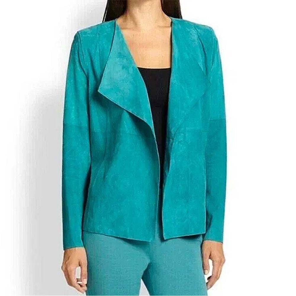 St. John 100% Suede Turquoise Open Cardigan Jacket